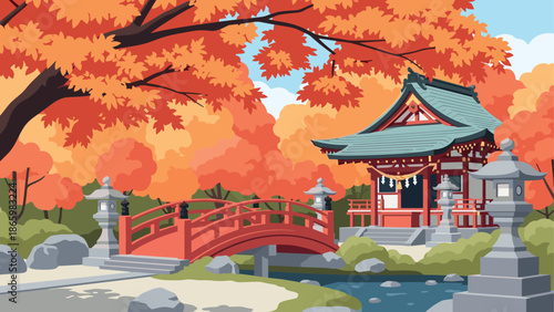 Serene japanese garden with temple and bridge in vibrant autumn colors