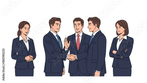 Group of professional business people engaging in a handshake, symbolizing a successful partnership, agreement, or collaborative venture.