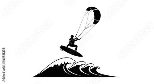 Silhouette of a kitesurfer performing a jump over ocean waves.