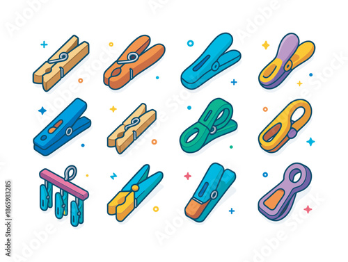 Colorful Clothespin Icons. Clothespin Types. Colorful isometric vector icons set of Clothespin Types: classic wood pin, two-part spring pin, one-piece plastic