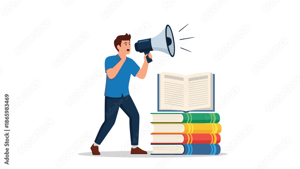 Fototapeta premium Man holding a megaphone, shouting next to an open book and stack of books, representing public announcement or educational message.