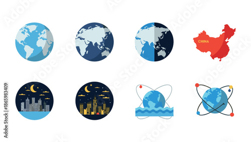 Global maps and earth concepts in flat design with day and night cityscapes
