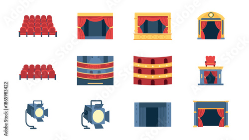 Theater elements set: curtains, stages, spotlights, and seats in flat design
