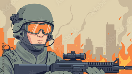 Cartoon soldier in urban combat zone with weaponry and tactical gear
