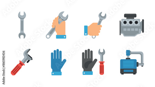 Flat style tools and equipment icons set for mechanics and workshops