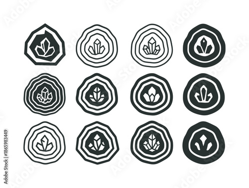 Mineral Geode Logo Set. Mineral. Icon set. Set Logo of Mineral: geode cross-section. harmonious logo variations of the same emblematic concept, each with
