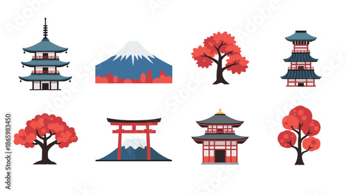 Japanese nature and architecture set featuring temples and trees in flat design