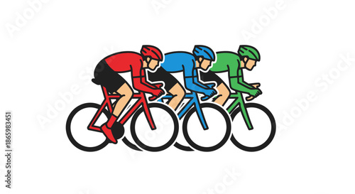 Cyclists Racing: Three Athletes in Colorful Jerseys on Bicycles.