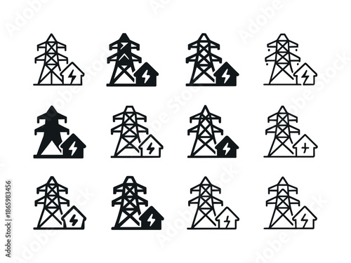 Smart Energy Grid Icons. Smart energy grids. Icon set. Set Logo of Smart energy grids: transmission tower. harmonious logo variations of the same emblematic