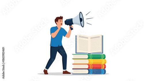 Man holding a megaphone, shouting next to an open book and stack of books, representing public announcement or educational message.