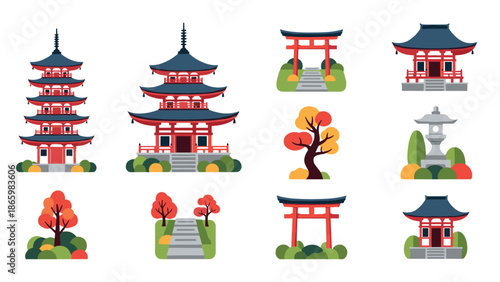 Traditional japanese architecture and nature in flat design