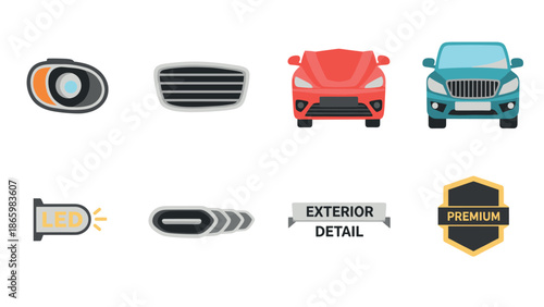 Car part icons set: automotive front views and accessories in flat design