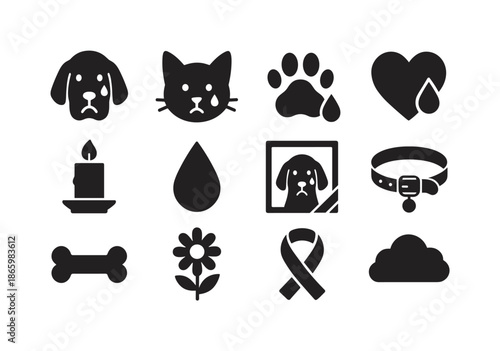 Pet Loss Icons. Grieving the loss of a pet. Solid icon set of grieving the loss of a pet: dog, cat, paw print, heart, candle, tear drop, photo frame, collar,