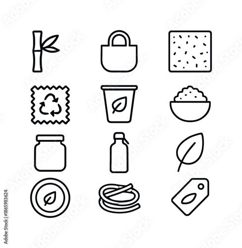 Eco Material Icons. Eco materials. Line icon set of eco materials: bamboo stick, jute bag, cork sheet, recycled fabric, biodegradable cup, paper pulp, glass