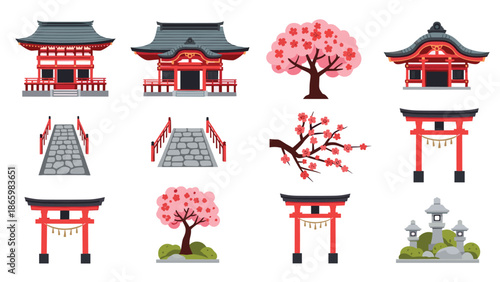 Traditional japanese elements collection featuring shrines and cherry blossoms in flat design
