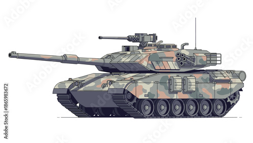 Camouflage military tank in detailed linear art style