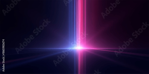 Bright light beams shining in blue and red colors against dark background