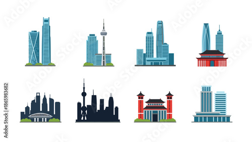 Flat style landmark city skylines featuring iconic global architecture