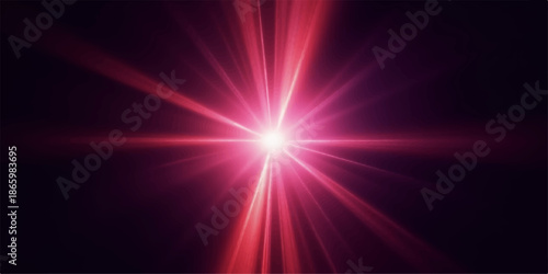 Bright red light beam shining on dark background with radiant streaks