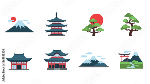 Japanese cultural icons: traditional pagodas, mountains, and bonsai trees in flat style art