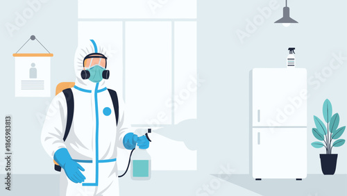 Professional sanitization worker in hazmat suit cleaning modern kitchen