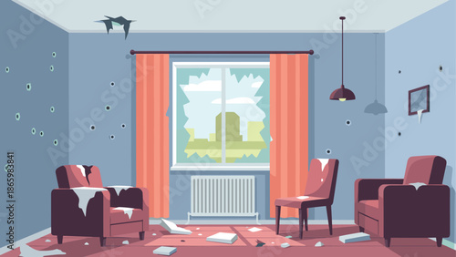 Interior room with worn furniture and broken window in flat style