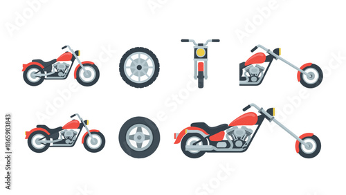 Motorcycle parts and chopper designs with flat style on white background