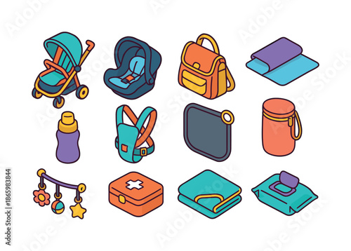 Baby Travel Essentials. Baby travel. Colorful isometric vector icons set of Baby travel: stroller, car seat, diaper bag, portable changing mat, travel bottle,