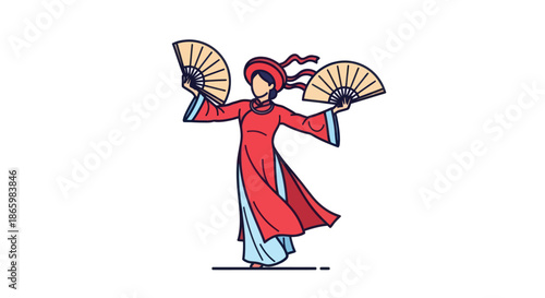 Vietnamese Woman in Traditional Ao Dai Dress Dancing with Hand Fans.