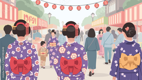 Cultural celebration: women in traditional attire at vibrant japanese street festival