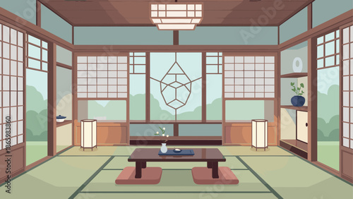 Tranquil japanese tea room interior with tatami and shōji screens in calm minimalist style