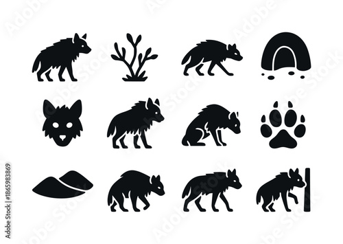 Brown Hyena Icons. Brown hyenas. Solid icon set of Brown hyenas: shaggy fur, desert scrub, scavenging run, burrow icon, nocturnal eyes, long mane, cautious