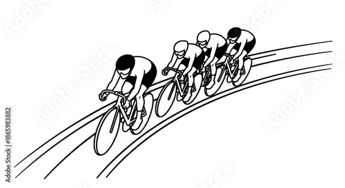 Line Art Illustration of Four Cyclists Racing on a Track.