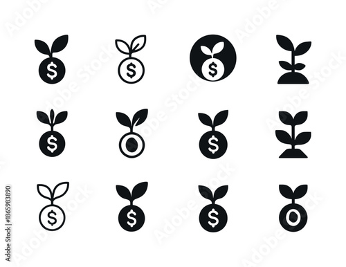 Savings Growth Icons. Calculating interest on savings. Icon set. Set Logo of Calculating interest on savings: growing plant and coin. harmonious logo