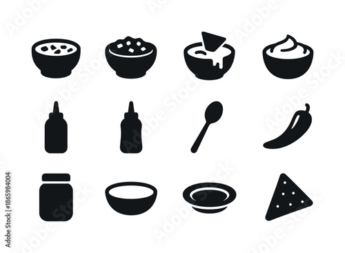Black Sauce Icons. Dips and Sauces. Solid icon set of dips and sauces: salsa bowl, guacamole, cheese dip, sour cream, ketchup, mustard, spoon, chili pepper,