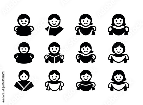 Eco-Friendly Kids Fashion Logos. No-Waste DIY Fashion Kids. Icon set. Set Logo of No-Waste DIY Fashion Kids: smiling child with fabric. harmonious logo