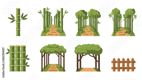 Various bamboo and forest pathways in flat design for nature and landscaping themes
