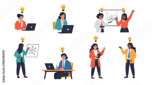 Wallpaper Mural Collection of diverse businesswomen demonstrating innovative ideas and creative thinking in various professional settings, with lightbulb icons. Torontodigital.ca