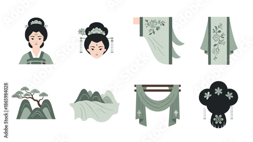 Traditional asian attire and accessories featuring geisha elements in flat design
