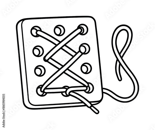 Lacing Practice Board. Lacing practice board children?s coloring book illustration, outlined drawing, simple board with holes and a long cartoon lace for kids
