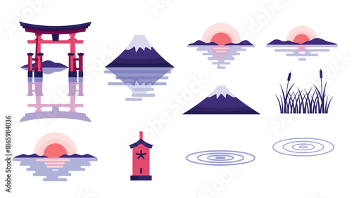Minimalist japanese landscape elements with mount fuji and torii gate