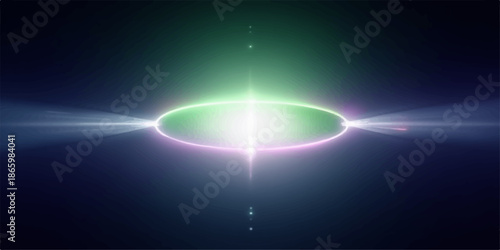 Solar eclipse with bright green and white light in dark space