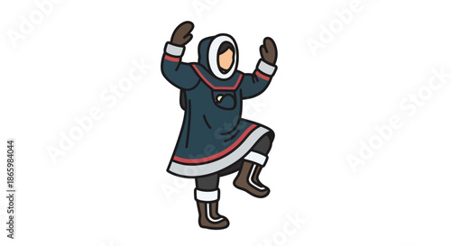 Cartoon Inuit Figure in Traditional Clothing Dancing with Arms Raised.