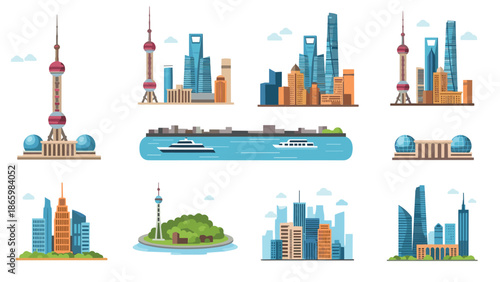 Modern city skylines and landmarks with iconic buildings in flat style