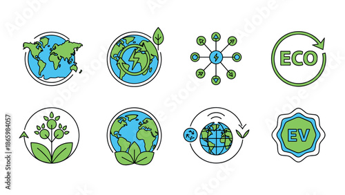 Eco-friendly world icons set for sustainable energy and environment
