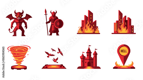 Hell-themed icons: demons, flames, castles, and more in flat style