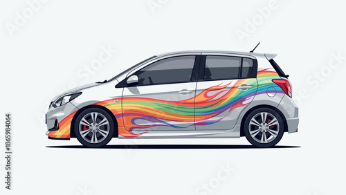 Colorful flame design on compact car with rainbow graphics and custom art