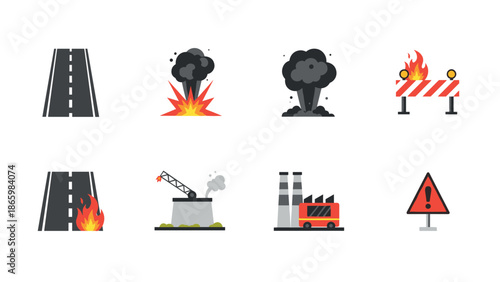 Emergency icons: road hazards and industrial disasters illustration set