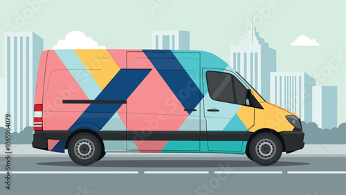 Colorful geometric pattern on van with cityscape background in flat design