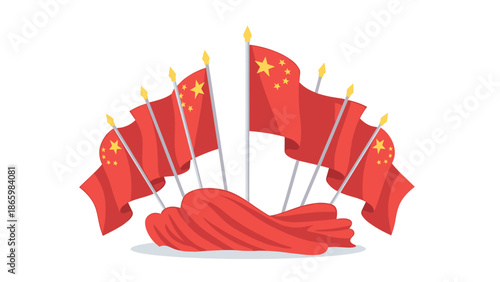 Chinese flags on poles in a curved arrangement with cloth base